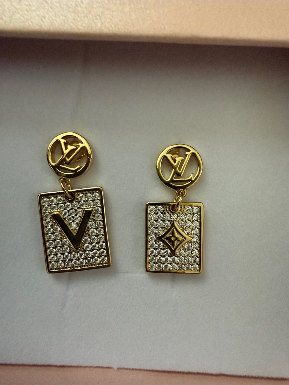 Gold Crystal Pavé Drop Earrings with LV Logo